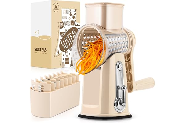 SUSTEAS Rotary Cheese Grater Hand Crank, 5-in-1 Vegetable Shredder, Including Non-Slip Suction Base, Easy to Clean and Use, K