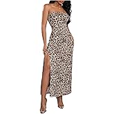 Milumia Women's Leopard Print Strapless Tube Maxi Dress Sexy Slit Hem Bodycon Party Long Dresses