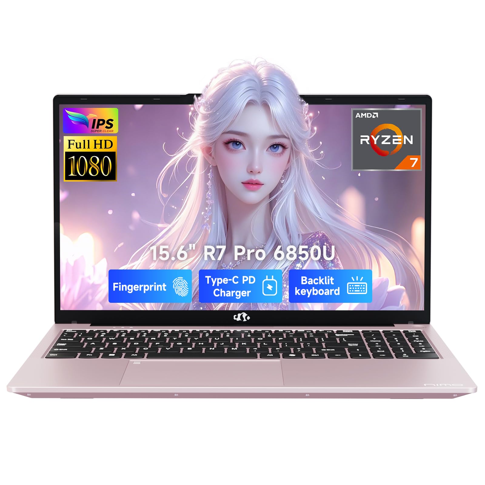 NIMO 15.6" IPS FHD Gaming-Laptop, 8 Cores AMD Ryzen 7 Pro 6850U 16GB LPDDR5 RAM 1TB SSD (Beat i7-1360P Up to 4.7GHz) AMD Radeon 680M GPU 100W Type-C Fingerprint Backlit Keyboard