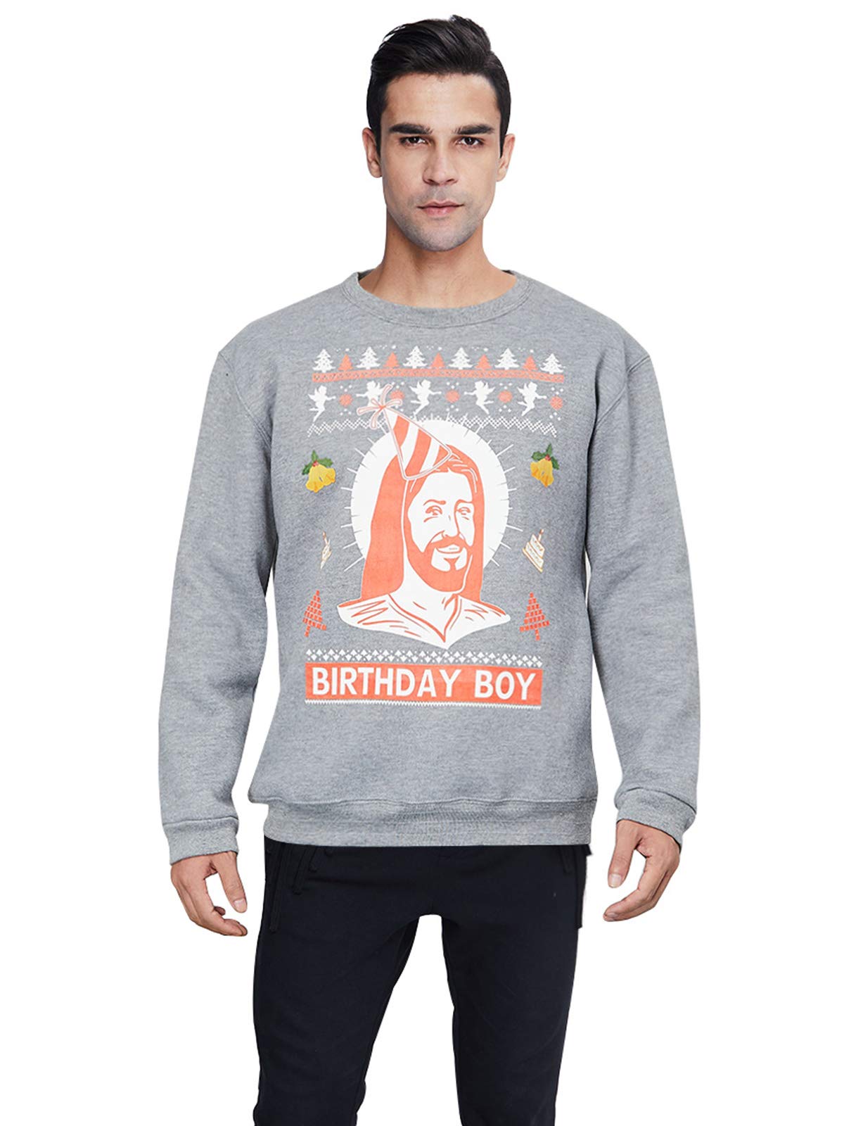 Ugly Christmas Holiday Sweaters Pixel White Red Trees Gold Jingle Bell Print Birthday Boy Sweatshirts Creative Graphic Xmas Fleece Jumper Long Sleeve Round Neck Pullover Tops for Youth Male Female