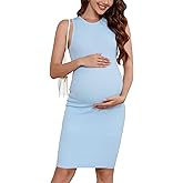 WANTROY Maternity Dress Ribbed Knit Sleeveless Crewneck Casual Stretchy Tank Dresses Summer Pregnancy Clothes Light Blue