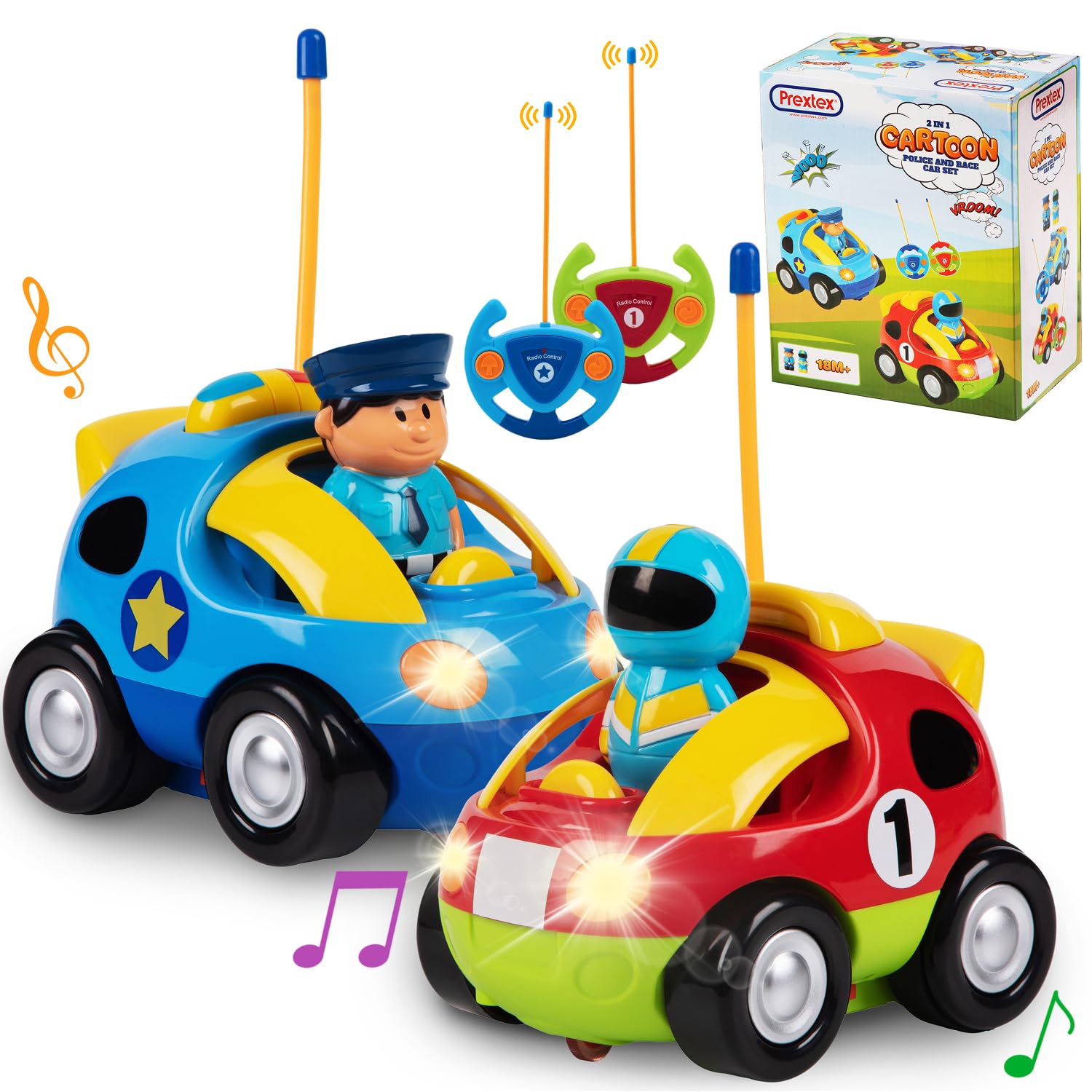 Photo 1 of (MISSING A CONTROLLER) Prextex 2 Pack Cartoon Remote Control Cars for Toddlers - Police Car and Race Car with Steering Wheel Controllers and Lights - Different Frequencies So Both Can Race Together - Toddler Gift 18+ Months