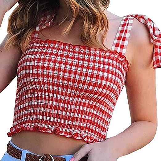 Yuwegr Frauen Tank Top Kariertes Kurze Ärmelloses Bluse Rückenfreies Weste Camisole Mädchen Tops 3 Farbe S-2XL