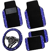 NBTEPEM Bling Car Floor Mats Full Set and Steering Wheel Cover, Universal Fit Most Cars, 4 pcs Sparkle Glitter Diamond Carpet, 5 pcs Bling Car Accessories Set for Women (Blue Diamond)