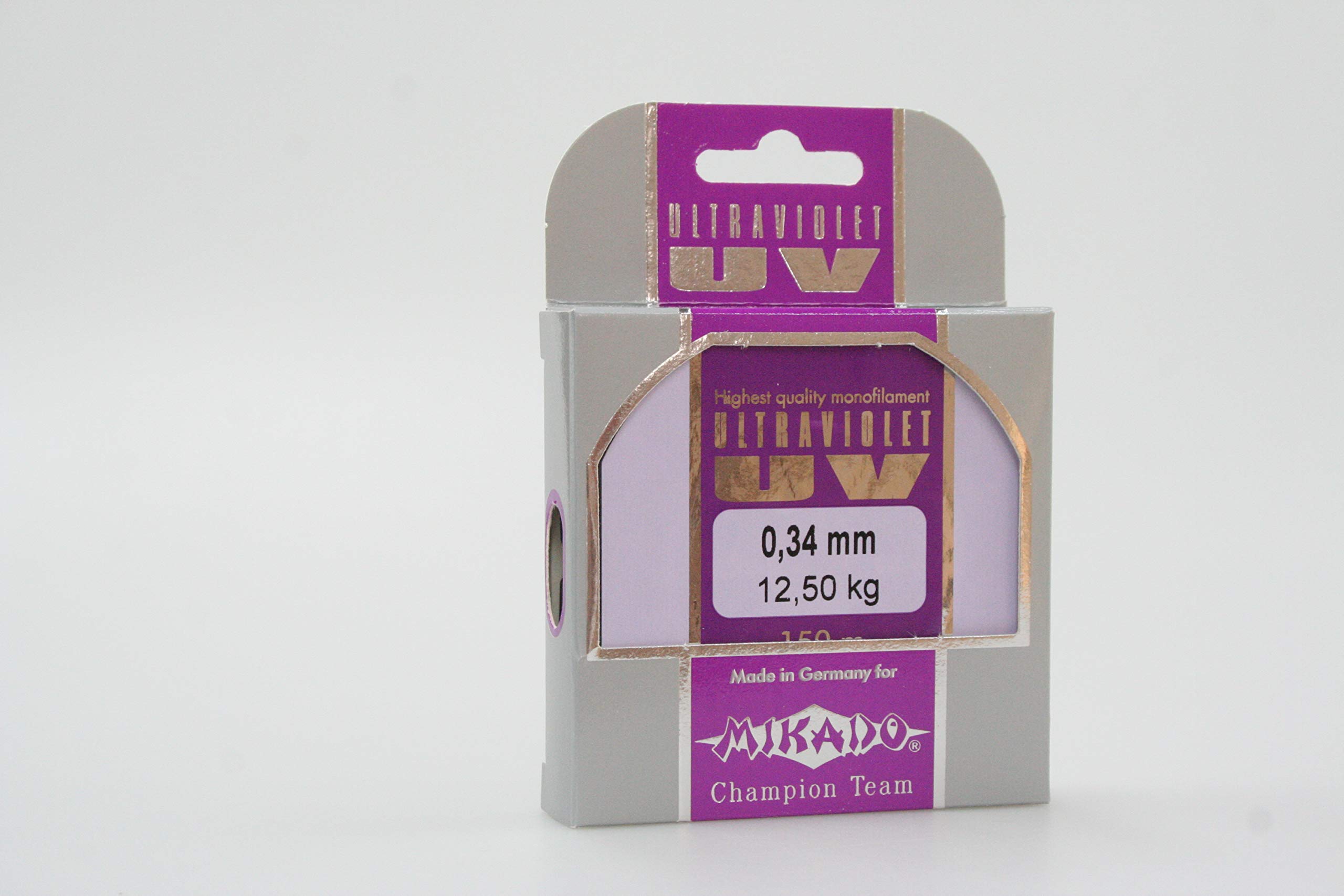 150 m "Mikado Ultraviolet" high performance competition fishing line available from 0.06 to 0.40 mm diameter (diameter 0.34 mm/load capacity 12.50 kg).