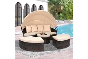 Betterland Outdoor Furniture Patio Round Daybed with Retractable Canopy, Brown Wicker Clamshell Sectional Seating with Cushions for Patio, Backyard, Porch or Poolside