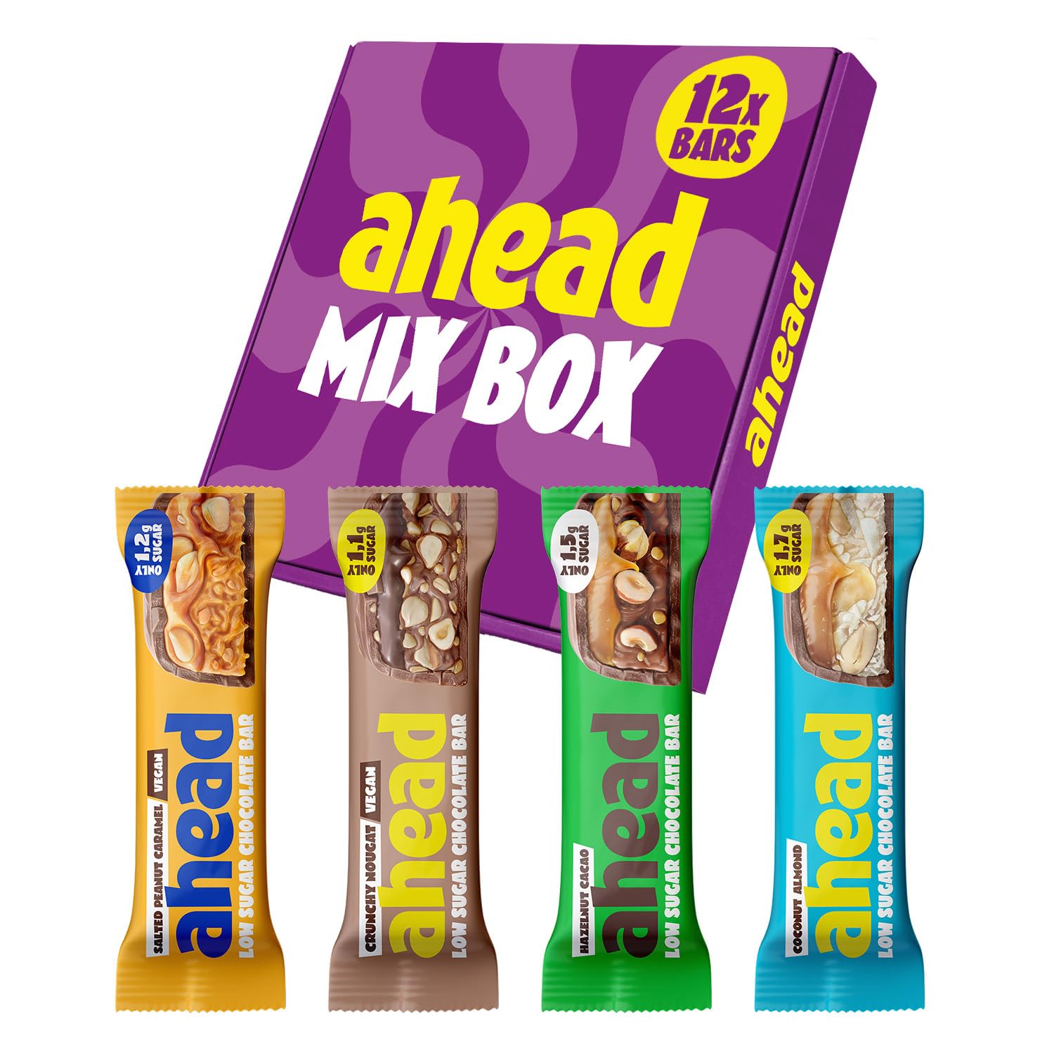 AHEAD Schokoriegel Probierpaket 2.0 |12x Keto Riegel – max. 1,7g Zucker* & 6g Net Carbs Pro Riegel | Low carb Süßigkeiten | Schokolade ohne Zuckerzusatz | Keto Schokolade