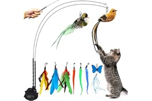 12 Pcs Interactive Cat Toys with Super Suction Cup,2 Cat Wand Stick Toy,9 Pcs Detachable Bird Feather Worm Butterfly Pet Teas