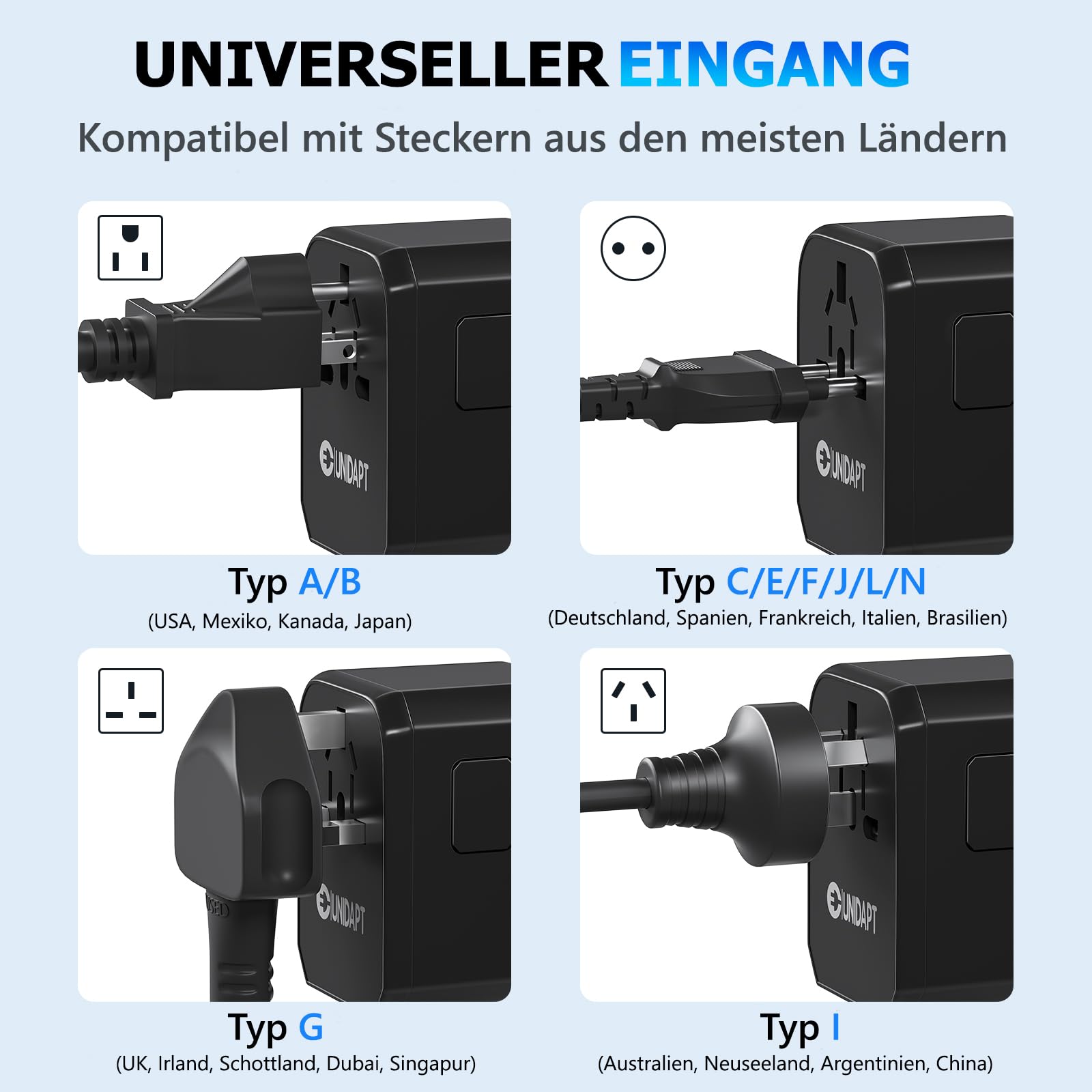Reiseadapter Weltweit, Unidapt Universal Reisestecker mit 3USB C 2USB und 1AC Steckdose, Internationaler Steckdosenadapter, Universaladapter für Deutschland USA England Thailand Italien Australien 4