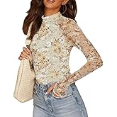 Dressmine Long Sleeve Mesh Tops for Women Mock Neck Floral Blouse Layering Sexy Fitted Going Out Top