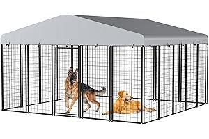 IRONOVACAGE 10.4' x 10.2' Large Outdoor Dog Kennel,Heavy Duty Galvanized Steel Enclosure with Waterproof Roof & Secure Lock for Giant Breed Dogs