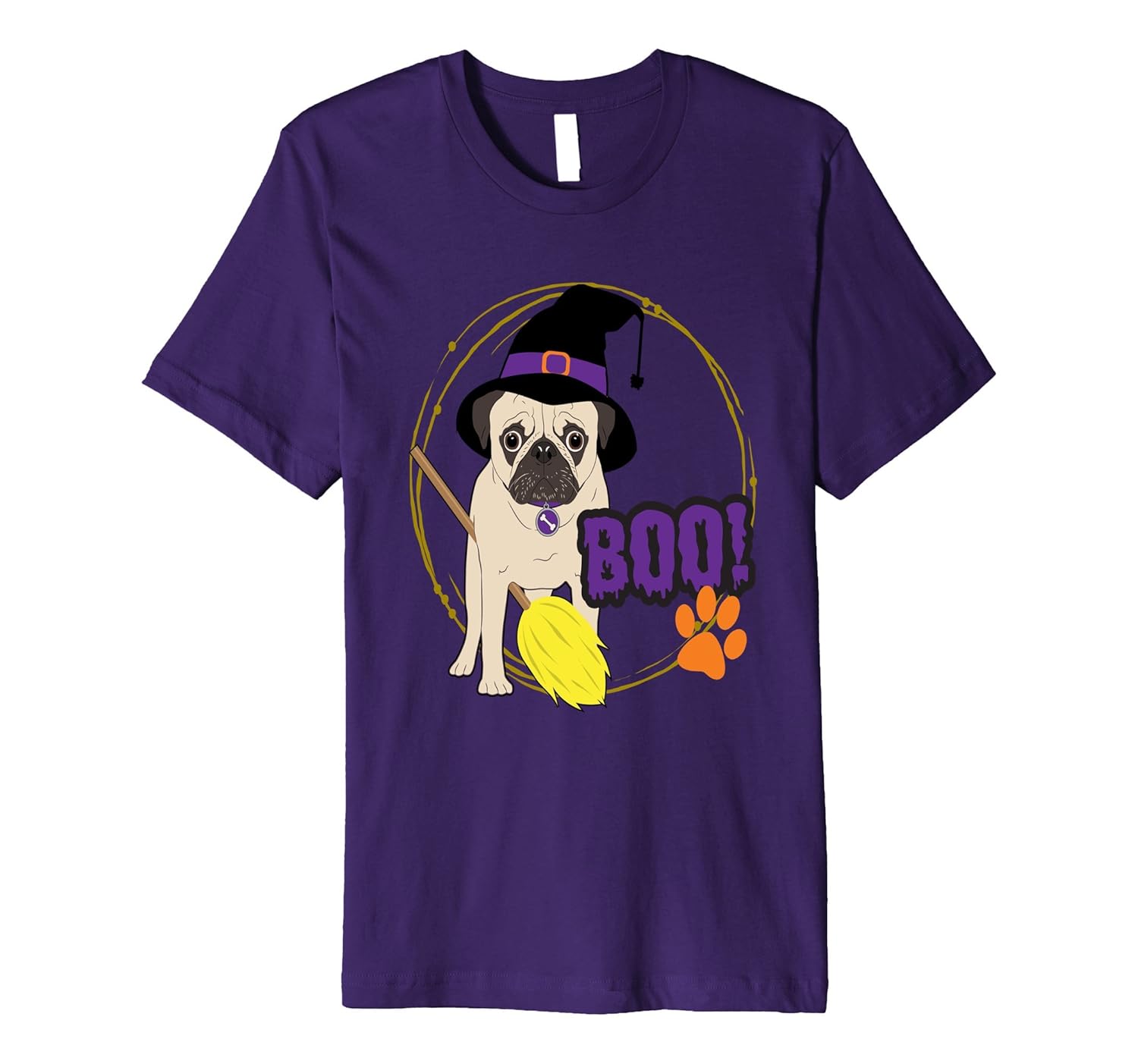 Pug Dog Halloween Costume Shirt Cute Slim Witch Broom-ANZ