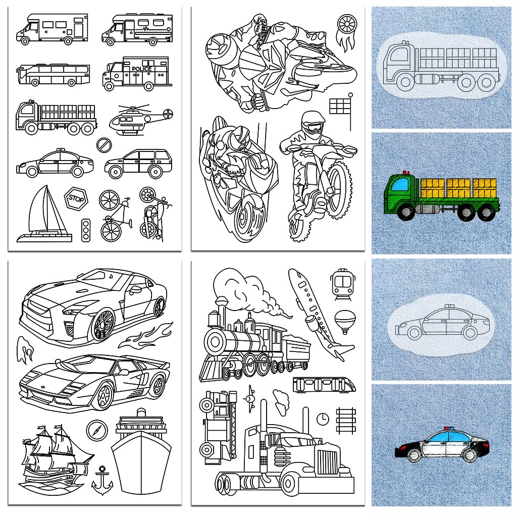 peacoblue Water Soluble Embroidery Patterns for Beginners 4 Sheets Cool Motorcycle & Others with 38pcs Patterns, Wash Away Stick and Stitch Dissolvable Embroidery Paper for Hand Sewing Lovers