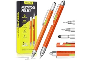 VIBELITE 11 in 1 Multitool Pen Set with LED, Stylus, Level, Screwdriver, Flathead, Gadgets for Men Gifts for Dad, Birthday Gifts for Men, Him, Husband, Father, Orange