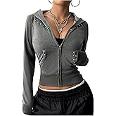 Milumia Women's Y2k Zip Up Crop Hoodie Rivet Long Sleeve Hooded Sweatshirts Outerwear