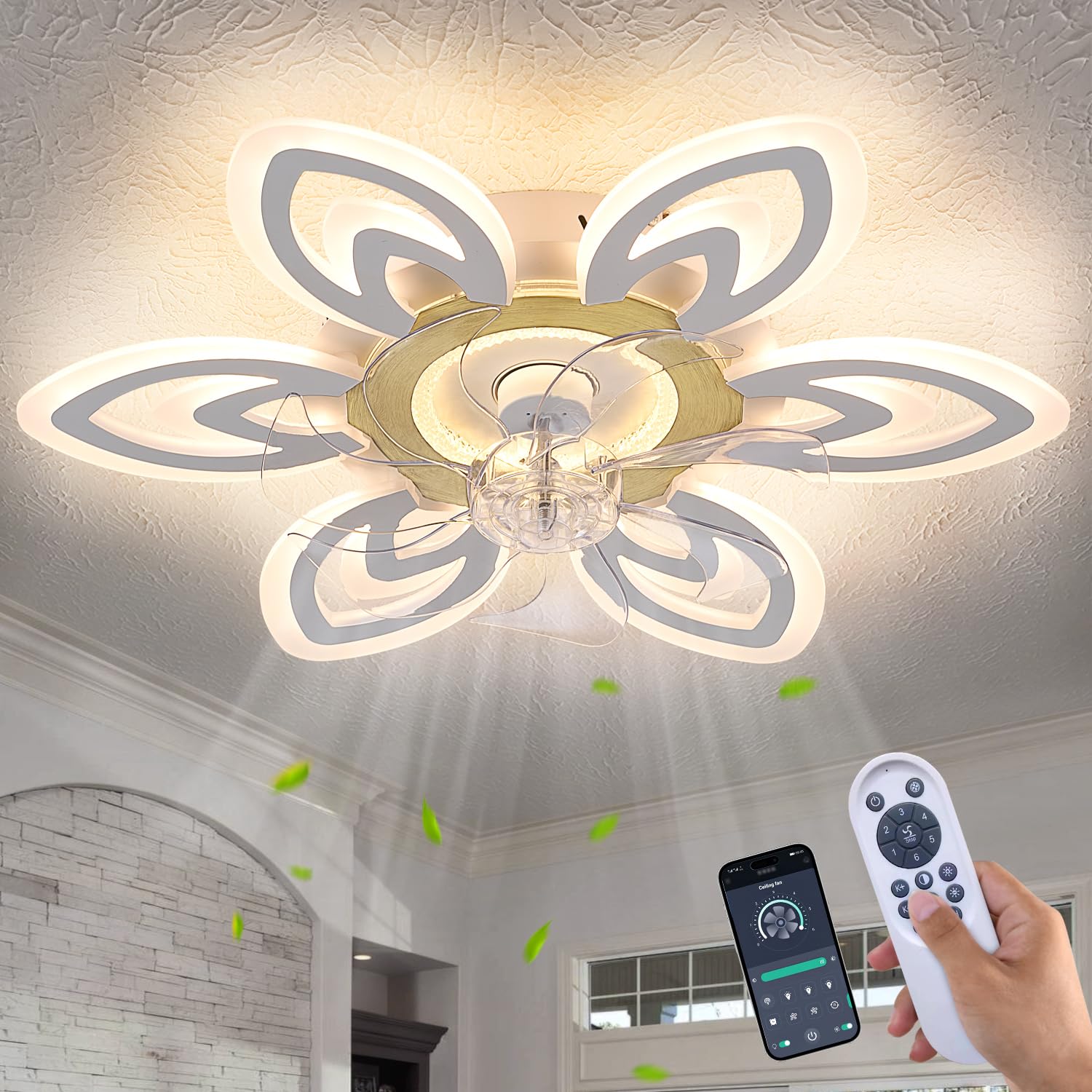 Photo 1 of Snowflake Modern Ceiling Fan with Light and Remote, Low Profile Ceiling Fans with remote, 26 Inch Flush Mount Ceiling Fan with 3 Light Color 6 Speeds, Fandelier Ceiling Fan for Kitchen Bedroom-White