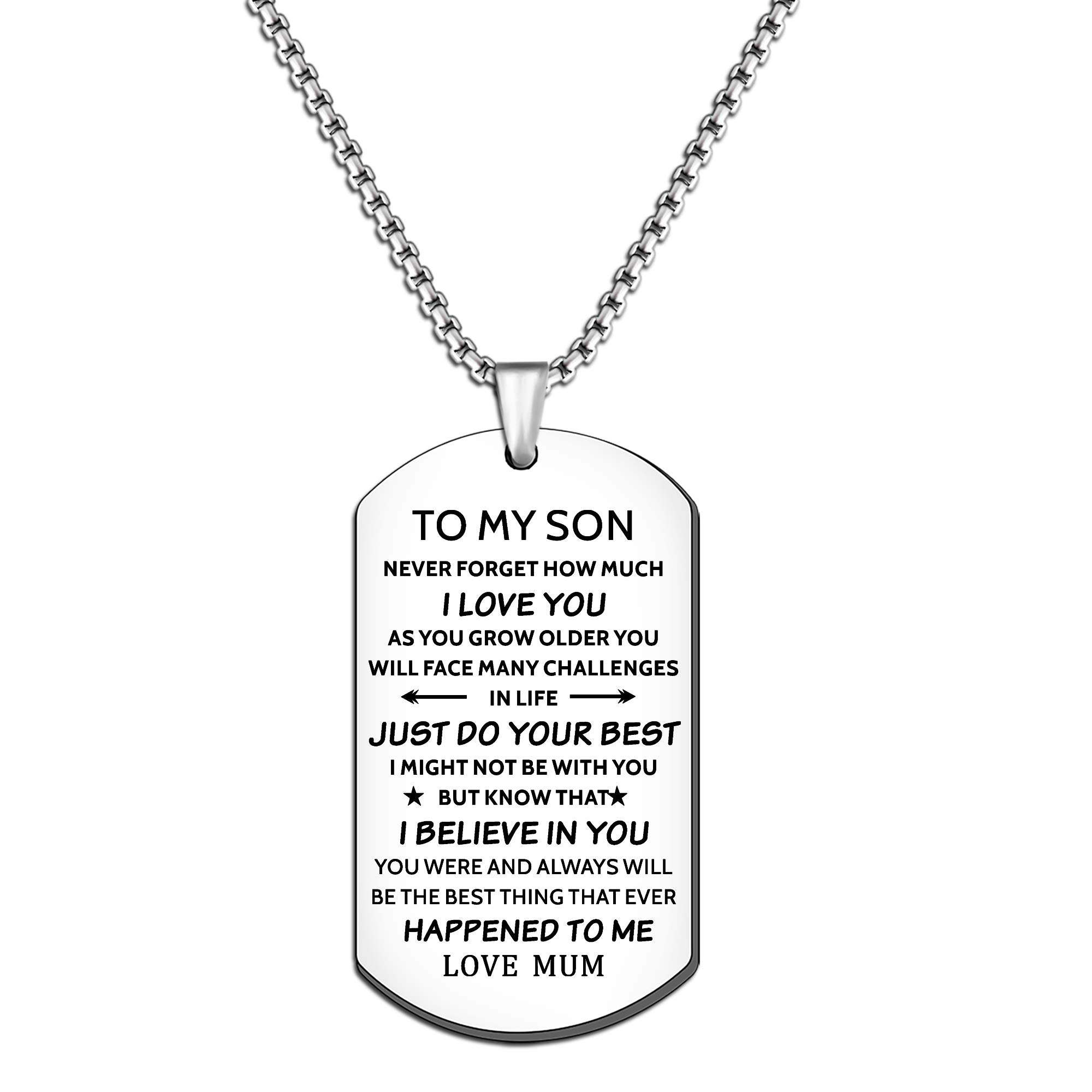 HULALA Inspirational To My Son Dog Tag Necklace From Mum For Birthday Christmas Graduation Men Jewellery Gifts Engraved Never Forget How Much I Love You