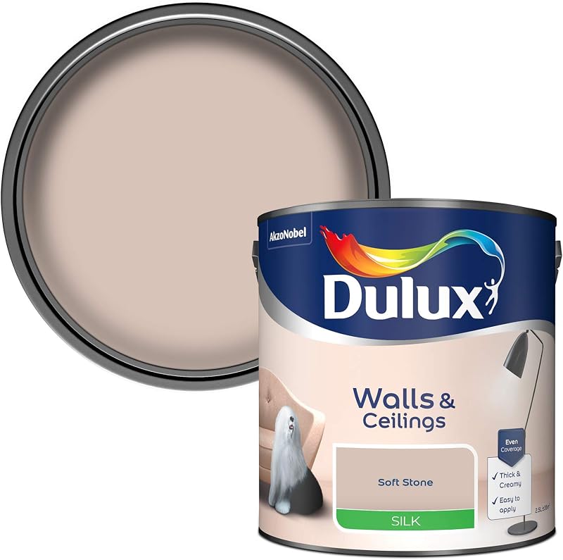 Dulux Silk Emulsion Paint Walls Ceilings Soft Stone 2.5 Litres