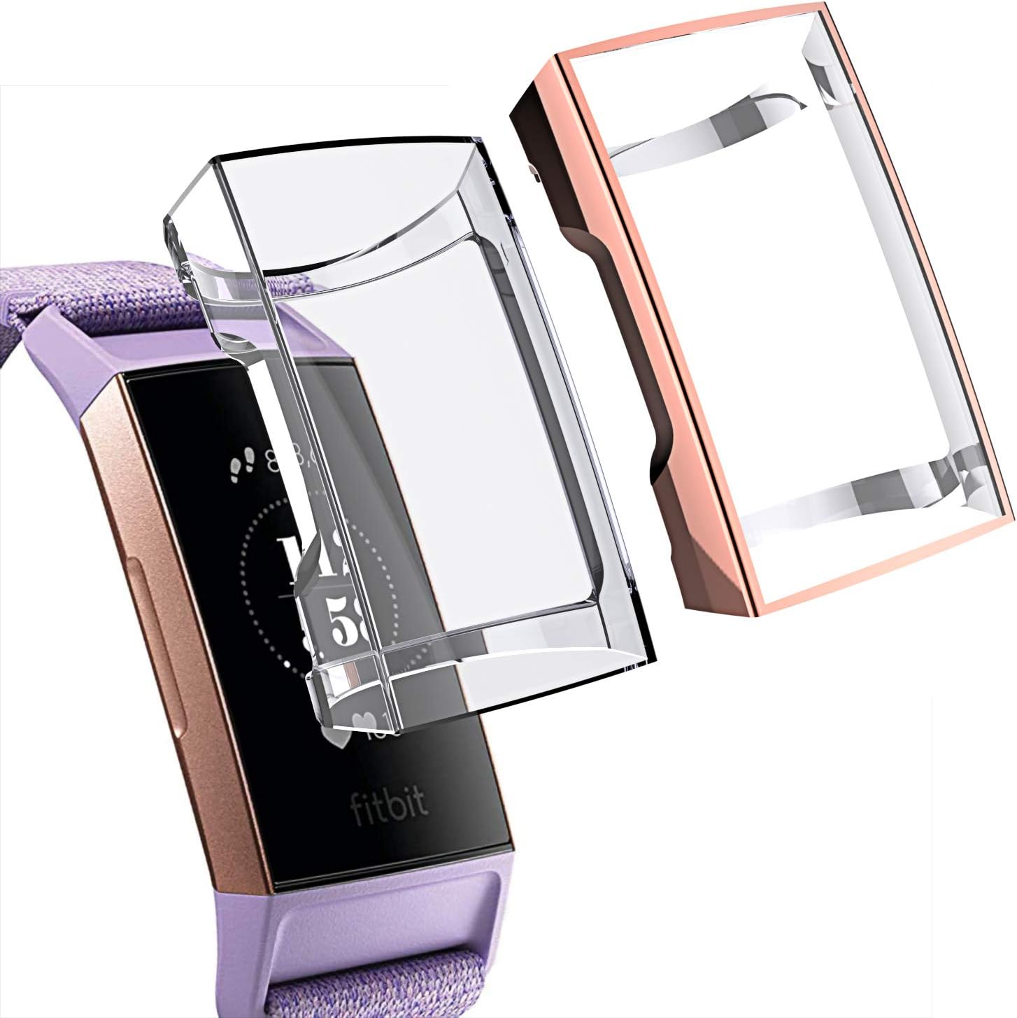 Minfex Compatible with Fitbit Charge 3 Screen Protector, Chargeable Protective Case Soft&Slim TPU Cover Frame Sport Accessories for Fitbit Charge 3/Charge 3 SE 2 Pack Rose Gold+Clear