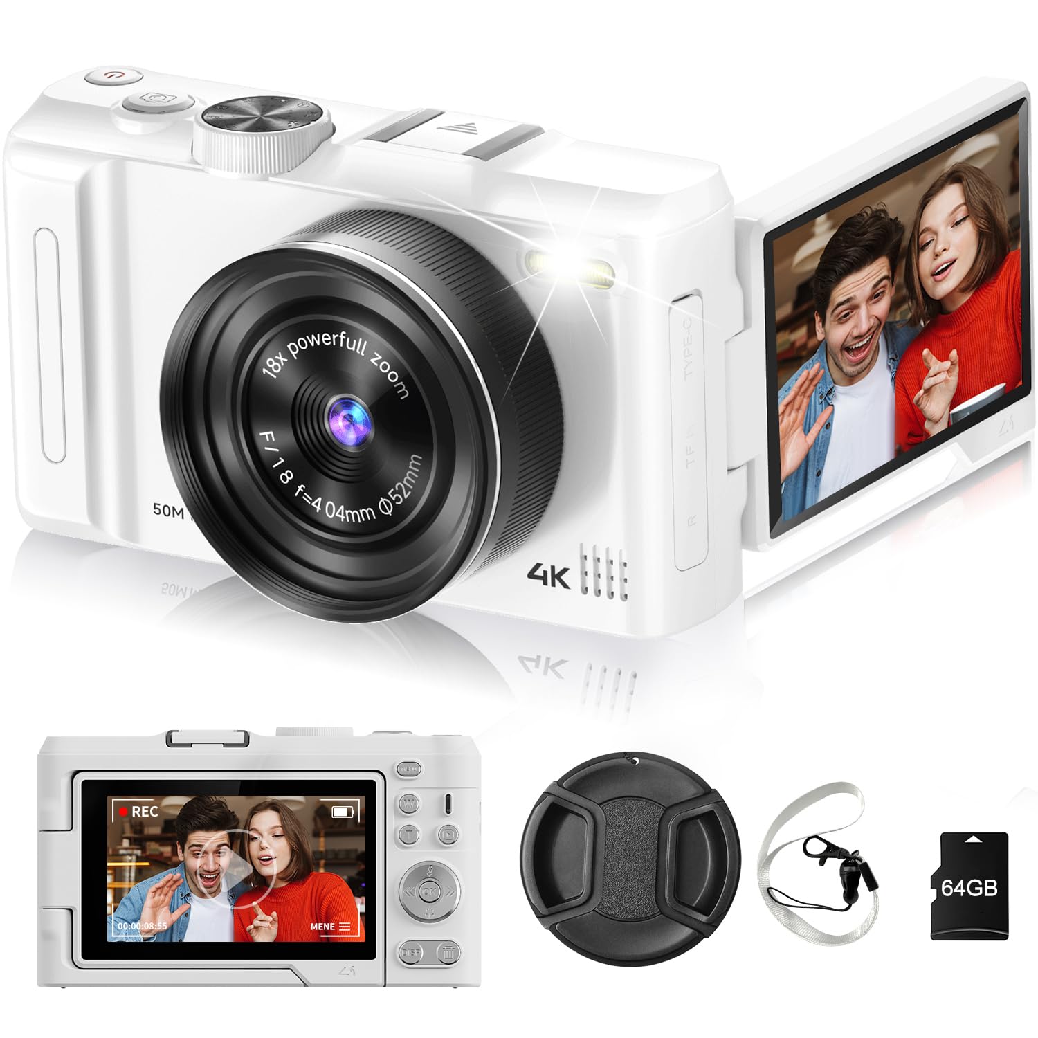 Photo 1 of Digital Camera 4K for Photography, 50MP Vlogging Camera for YouTube Video with Flash and 3" 180° Flip Screen, 18X Digital Zoom Compact Travel Cameras with 64GB TF Card for Teens Beginner (White)