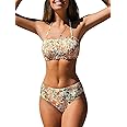 CUPSHE Bikini Set for Women Two Piece Swimsuit Bandeau Top Back Tie Mid Waisted Bottom with Removable Shoulder Straps