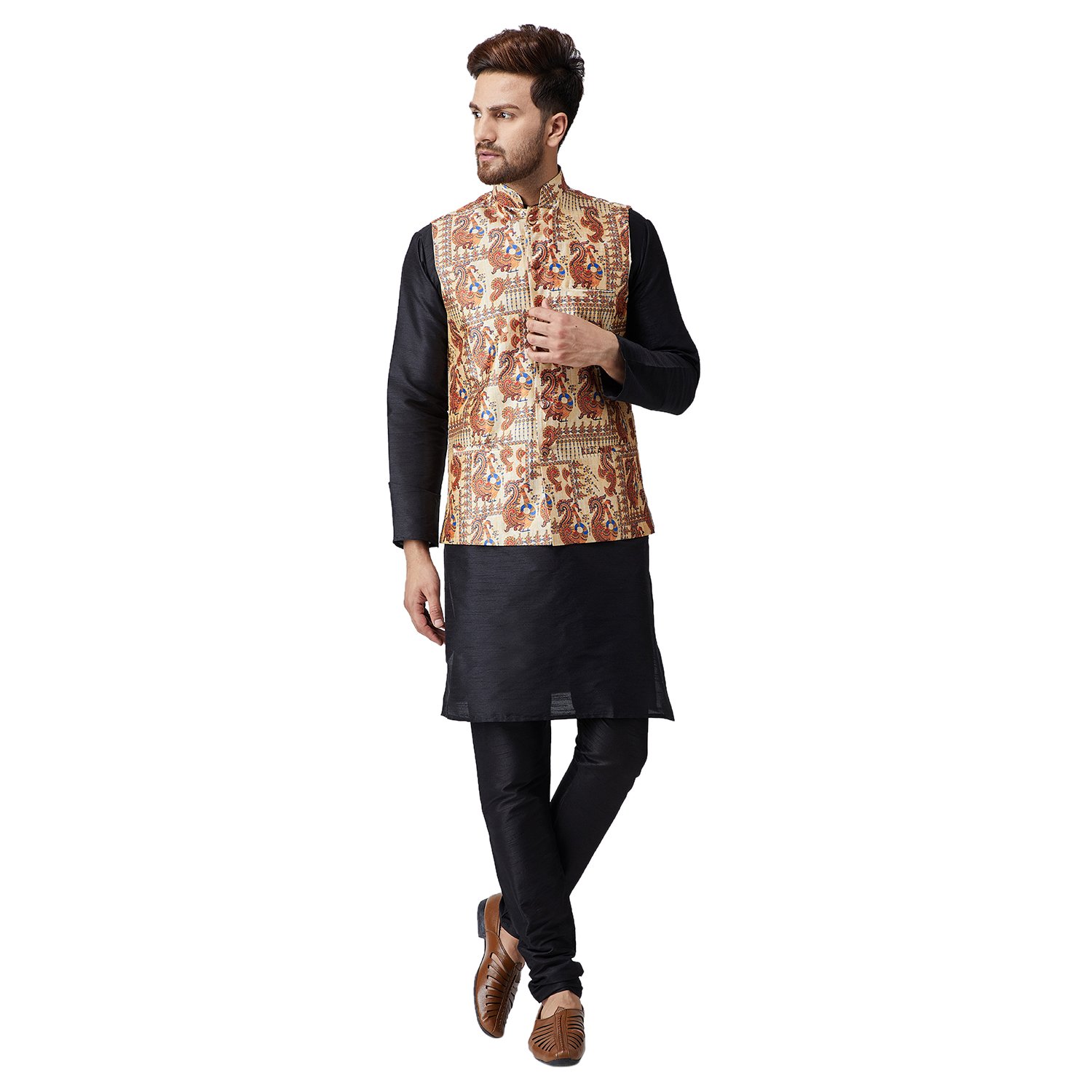sojanya (since 1958), men's silk kurta churidaar pyjama and printed nehru jacket combo