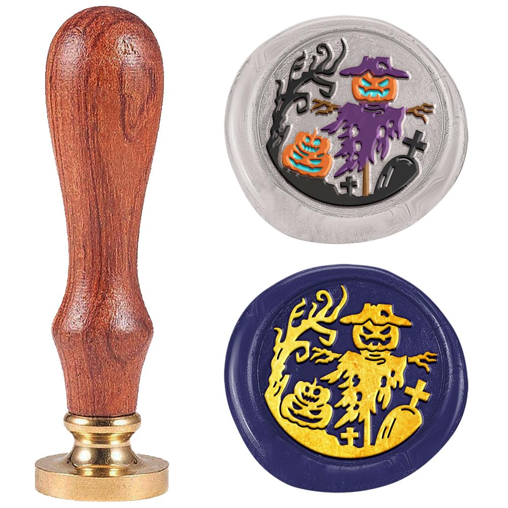 DELORIGIN Pumpkin Scarecrow Wax Seal Stamp Vintage Sealing Stamps 1" Removable Brass Head Seal Stamp with Wooden Handle for Envelope Greeting Card Letters Halloween Invitations Bottle Gift Wrapping