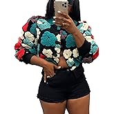 Aimiray Women's Cropped Fleece Jacket Long Sleeve Warm Bomber Sherpa Jacket Floral Printed Varsity Coats