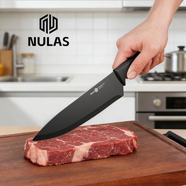 NULAS KNIFE SET, 8-PIECE KITCHEN KNIFE SET WITH UNIVERSAL BLOCK – ANTI-RUST CHEF KNIVES, ERGONOMIC DESIGN, DISHWASHER SAFE (BLACK)