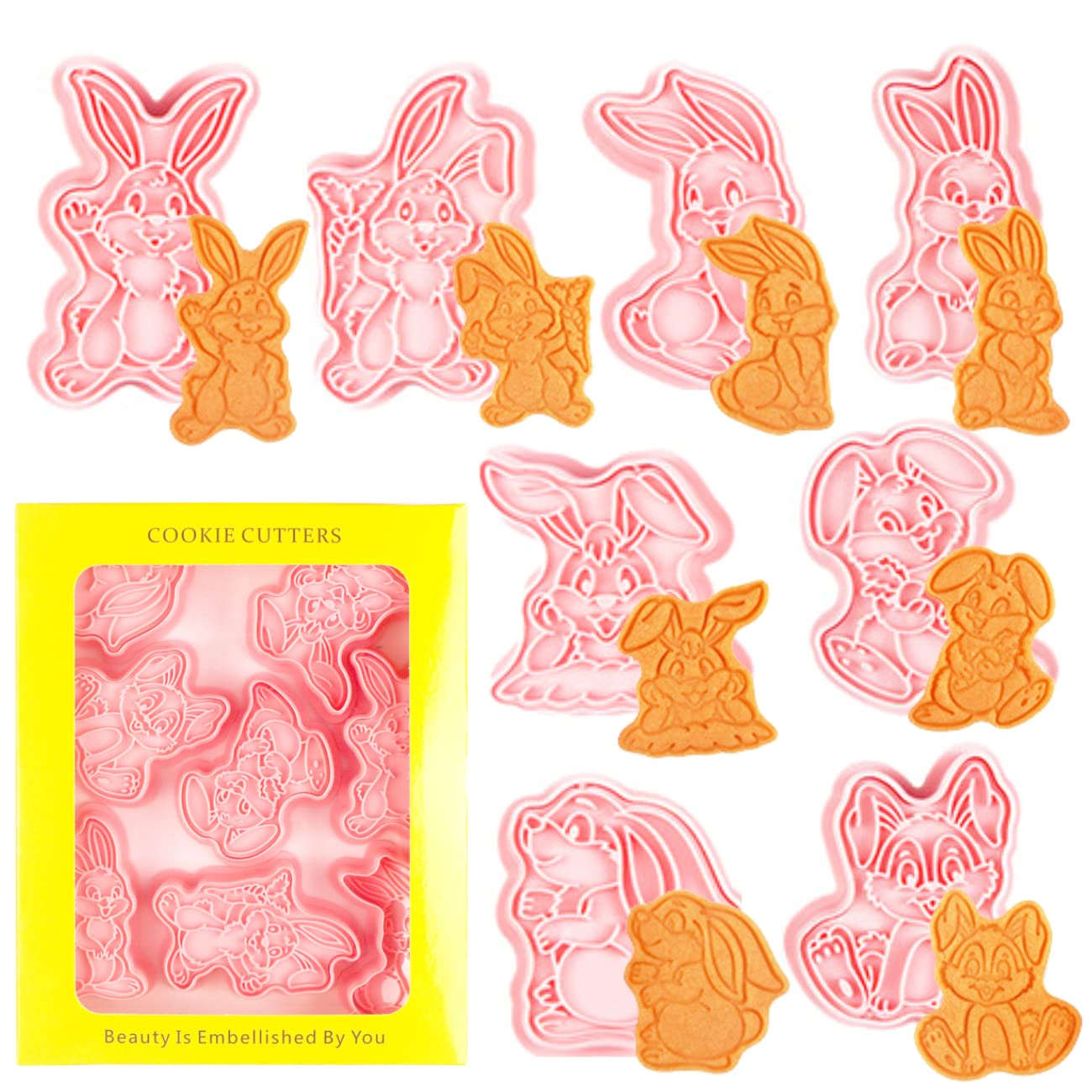 Easter Cookie Cutter Set,8 Pieces 3D Plastic Bunny Cookie Cutters Cookie Stamps Biscuit Molds for Easter Party Supplies Decorations(Type D)