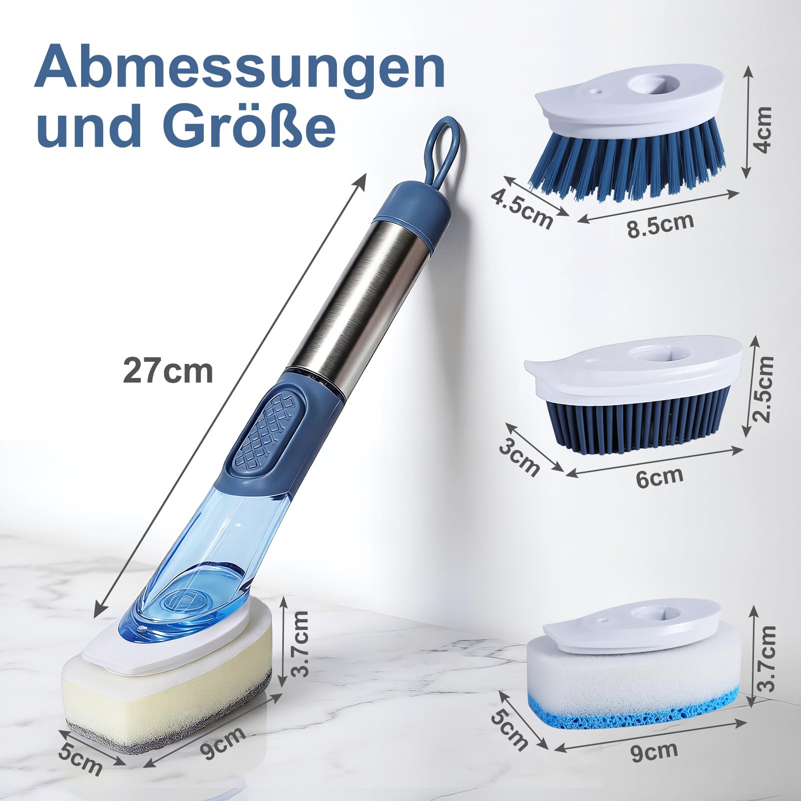 Masthome Spülbürste mit Spülmittelspender, Befüllbare Spülbürste, 4 Verschiedenen Ersatzköpfen, Multifunktional Küchenbürste Reinigungsbürste, Geschirrbürste für Geschirr, Töpfe, Spülen Reinigung 2