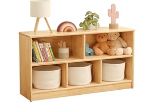 OOOK Rubber Wood 5-Compartment Montessori Shelf, 43.3" L, 2-Tier Toy Organizers and Storage, Wooden Storage Cabinet for Kids 