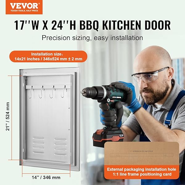 VEVOR BBQ ACCESS DOOR, 17W X 24H INCH SINGLE OUTDOOR KITCHEN DOOR, STAINLESS STEEL FLUSH MOUNT DOOR, WALL VERTICAL DOOR WITH HANDLE, VENTS AND HOOK, FOR BBQ ISLAND, GRILLING STATION, OUTSIDE CABINET