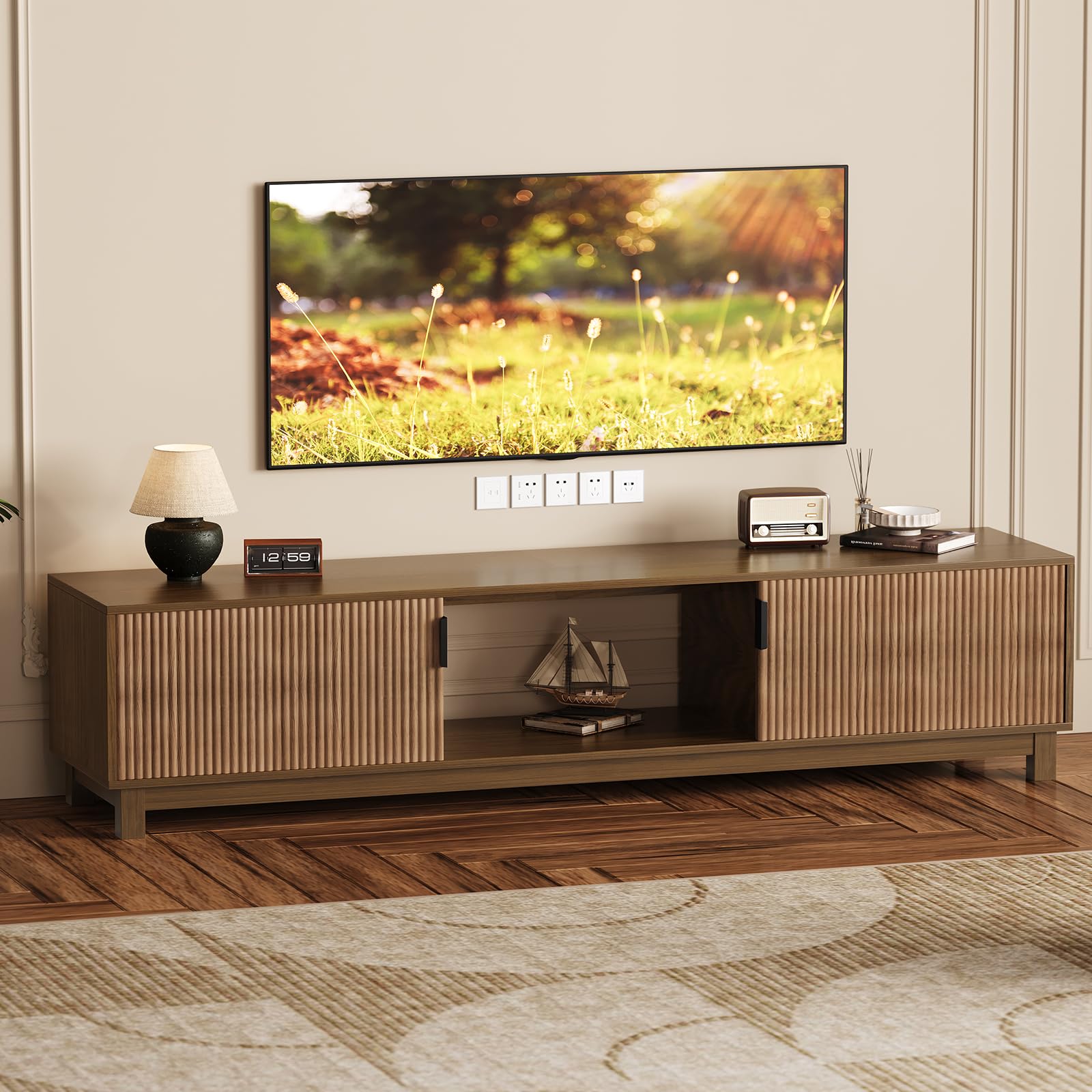 Photo 1 of *Pieces broken* GAOMON 70in Fluted TV Stand, Long Wooden TV Console Mid Century Modern Entertainment Center with Storage Cabinet for TVs Up to 80 Inches Living Room, Walnut