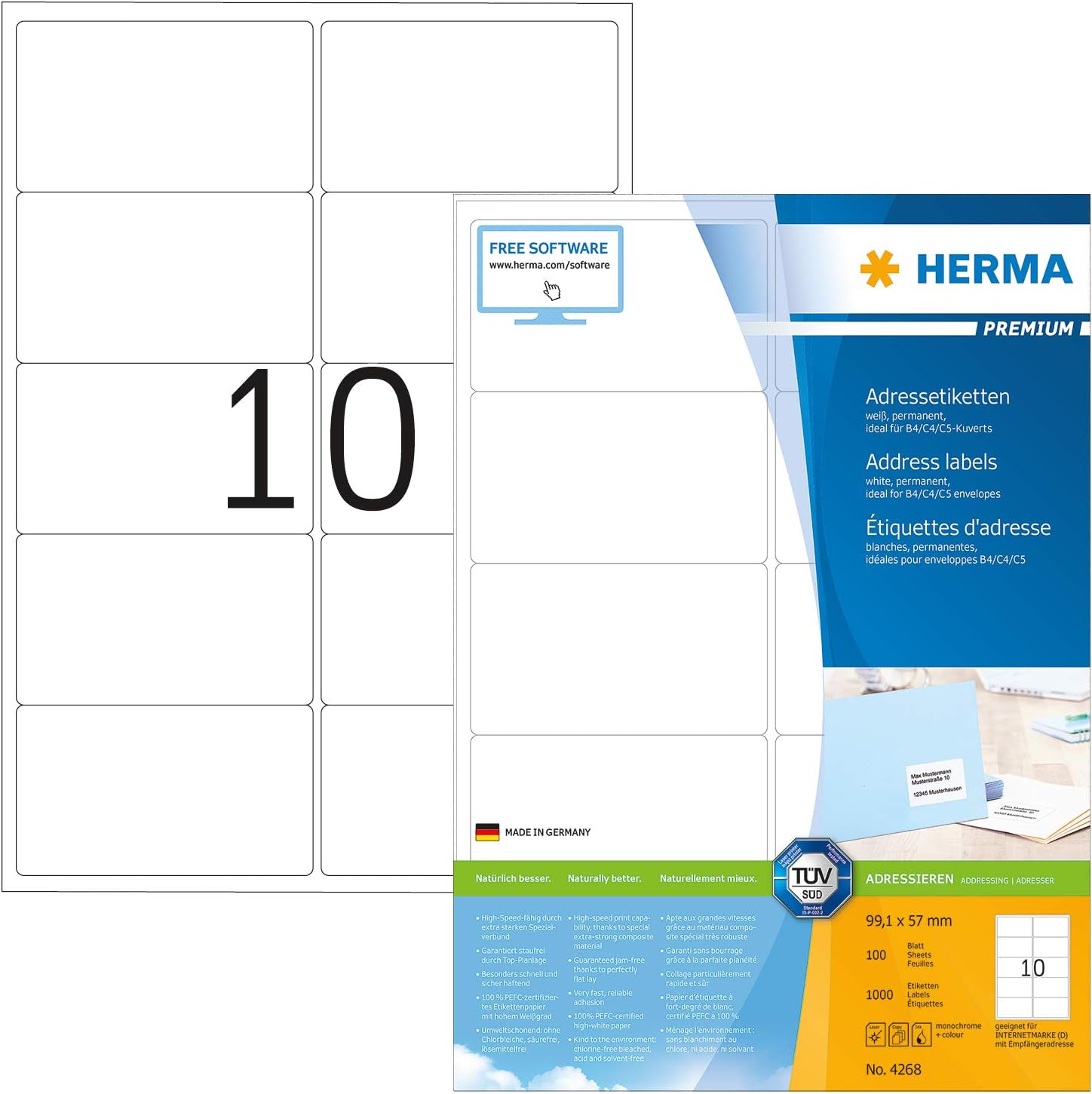 HERMA Self Adhesive Address Mailing Labels, 10 Labels Per A4 Sheet