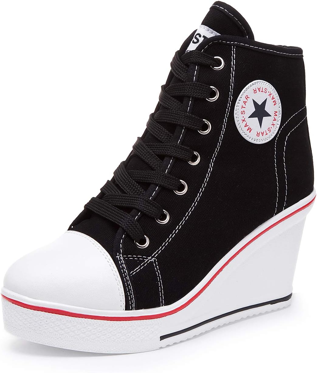 Women's Sneaker High-Heeled Canvas Shoes High-Top Wedge Sneakers Platform Lace up Side Zipper Pump Fashion Sneakers