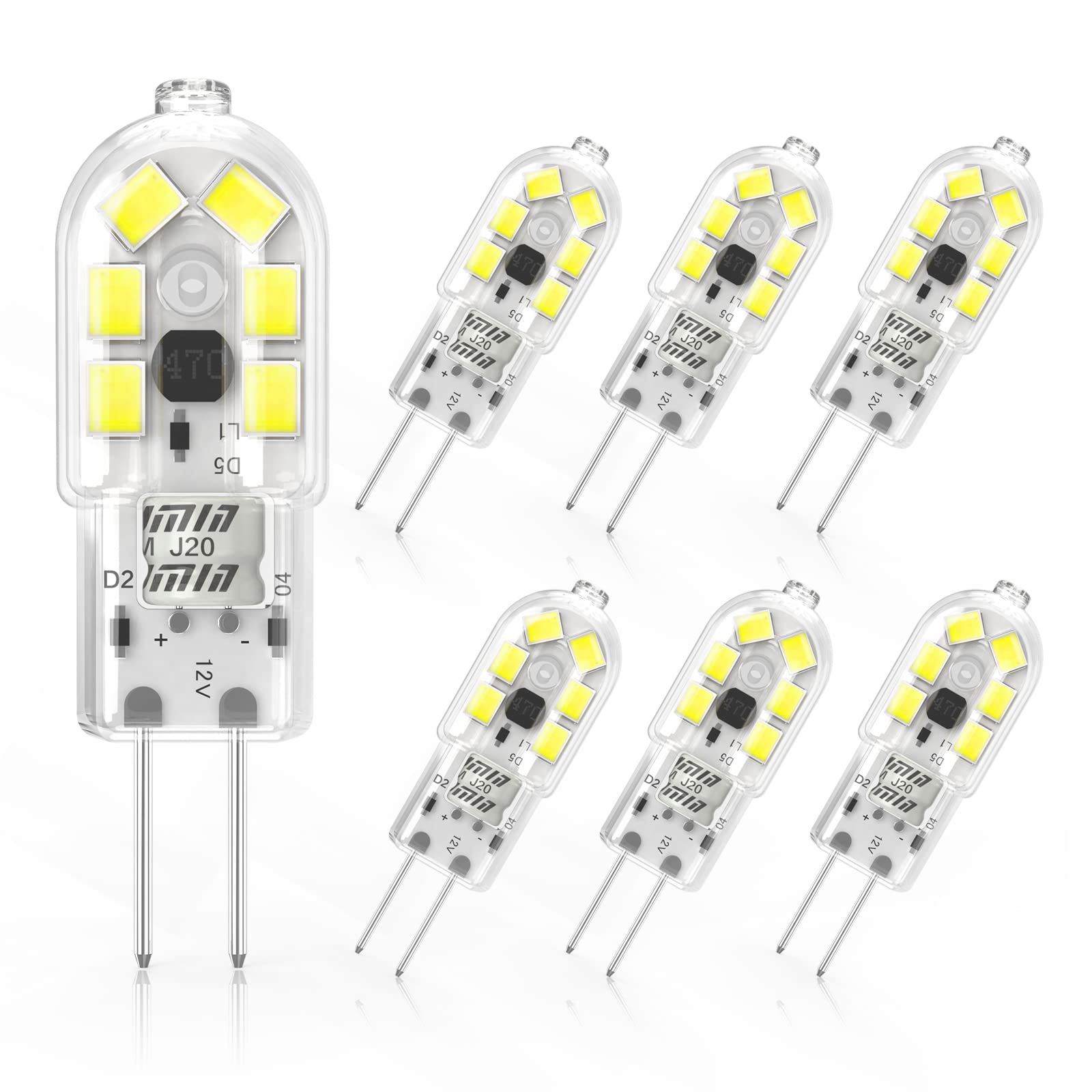 Cxyemt G4 LED Bulbs Cool White 6000K, 2W Replacement 20W Halogen Bulb, AC/DC 12V, 170LM, Non Flicker, Energy Saving G4 Bi-Pin Base LED Capsule Bulbs, Non-Dimmable, 6 Pack