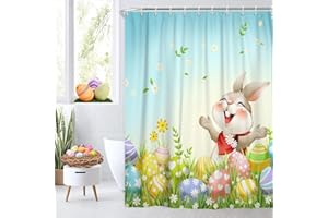 Caheansi Happy Easter Shower Curtain, Funny Rabbit Spring Flowers Colorful Easter Egg Bathroom Curtain Waterproof Fabric Machine Washable with Hooks, 72" Wx72 L