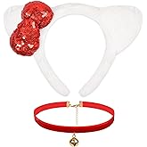itswordpiz Cat Ears Headband Set with Cute Red Bow & Bell Necklace, White Cat Ears Headband Gift for Women, Halloween Costume Party Cosplay Accessories