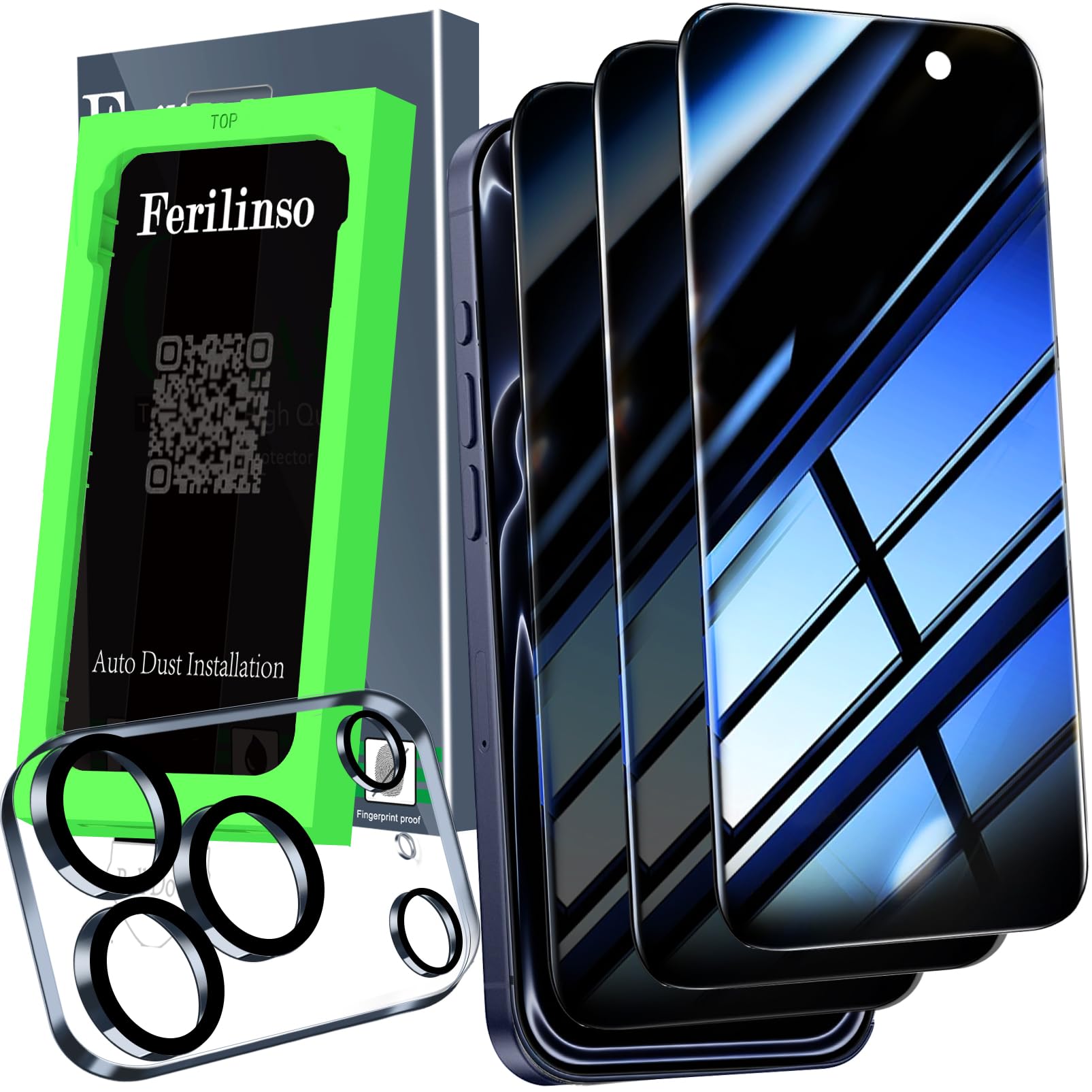 Photo 1 of Ferilinso Auto-Dust-Install 3 Pack Privacy Screen Protector for iPhone 17 Pro Max with (Private Accessories)-Metal Aluminum Alloy Camera Lens Protector, Tempered Glass Cover, Case Friendly