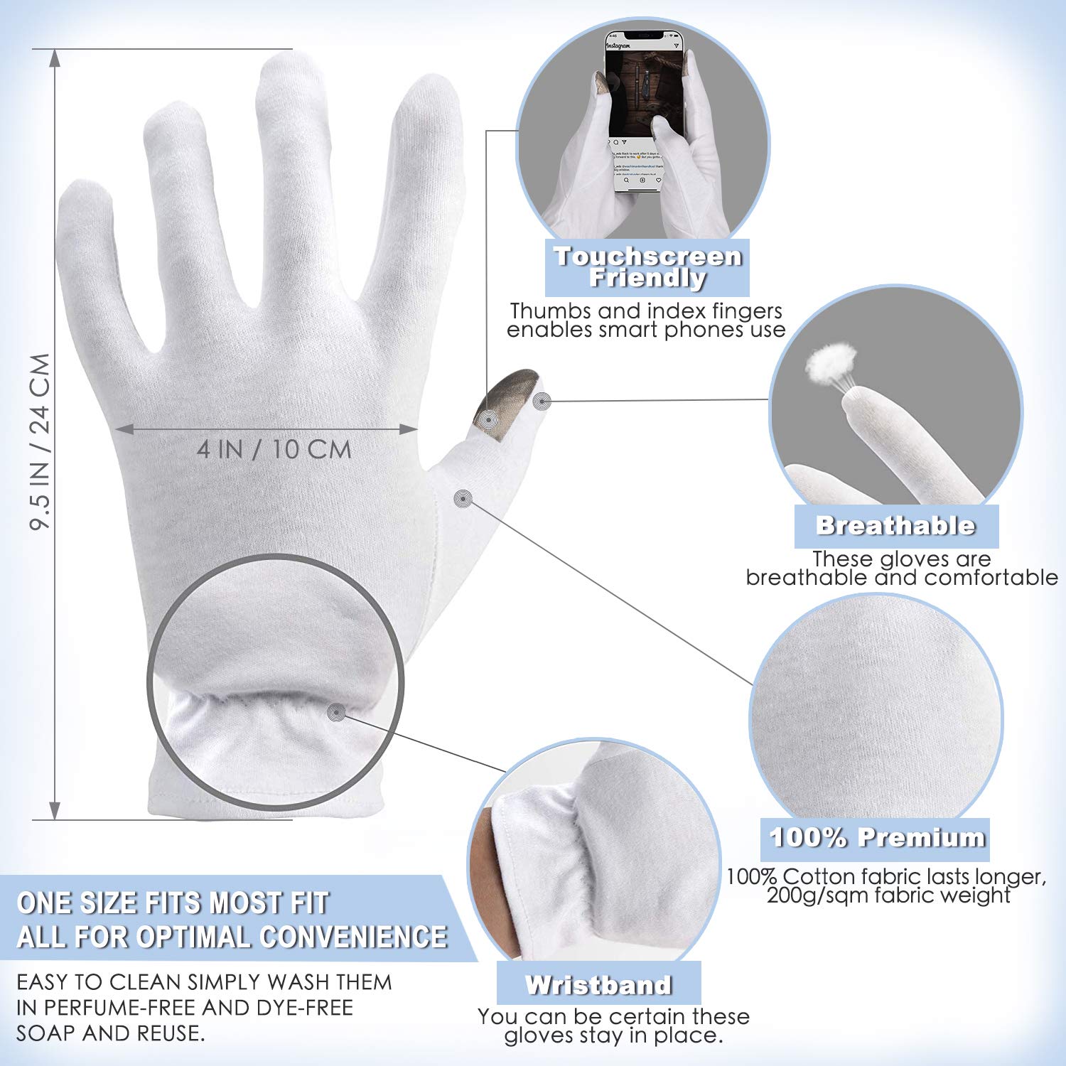 Touch Screen Friendly Moisturizing Gloves OverNight Bedtime Cotton Cosmetic Inspection Premium Cloth Quality Eczema Dry Sensitive Irritated Skin Spa Therapy Secure Wristband : Beauty