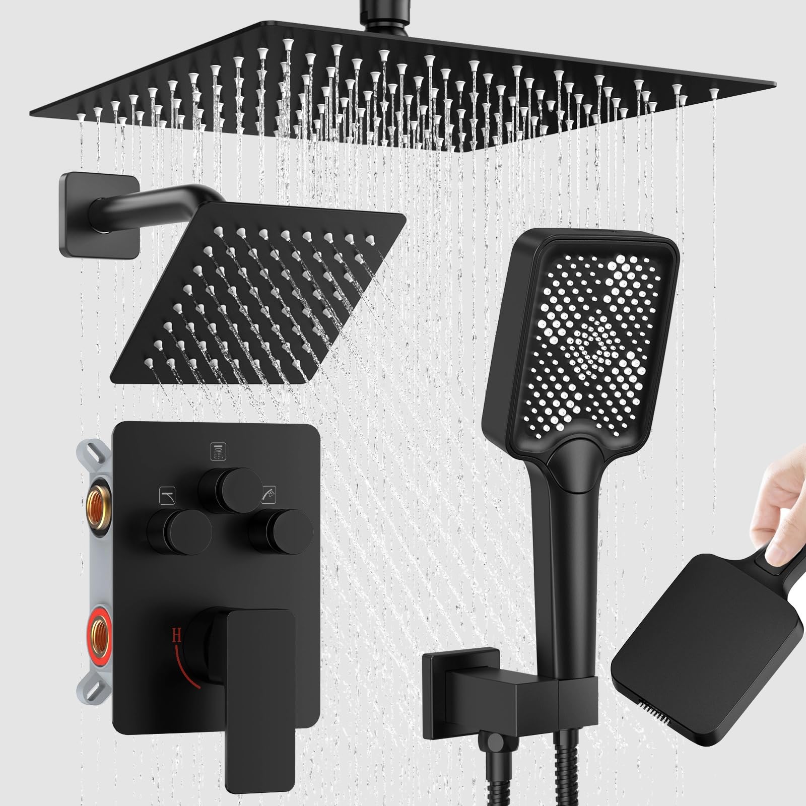 Photo 1 of Shower Faucet Set,Matte Black Push Button Shower System with Rain Shower and Handheld,Black Shower Faucet with Valve Ceiling Mount 12 Inch Shower Head and 6 Inch Shower Head with Handheld