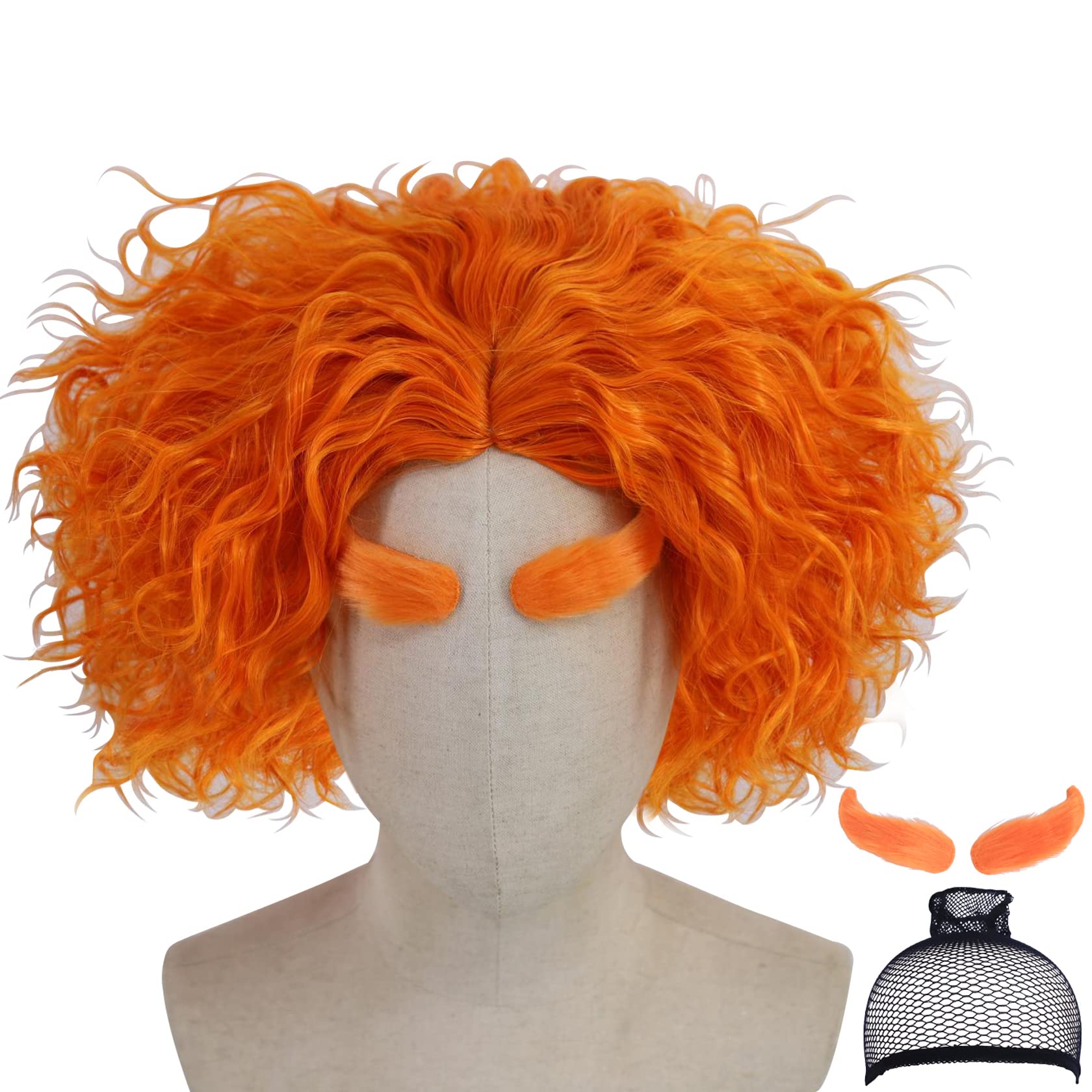 Photo 1 of Cfalaicos Adult Short Orange Curly Cosplay Wig and Eyebrows,Synthetic Costume Wigs for Halloween Party with Free Wig Cap (Orange)