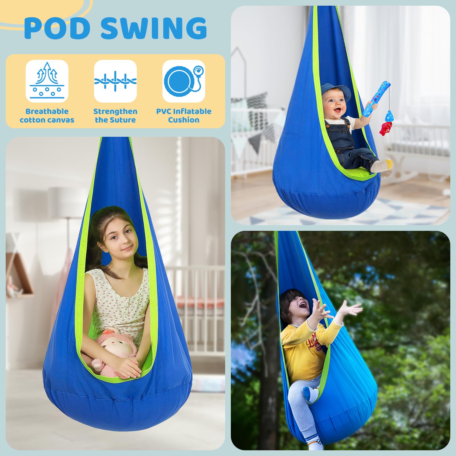 Swing Stand Frame with Sensory Pod Swings and Chair, Sensory Swing Set, X-Shaped Swing Frame, Heavy-Duty Metal Hammock Chair Stand for for Kids and Adults Indoor and Outdoor 330LBS(Blue)
