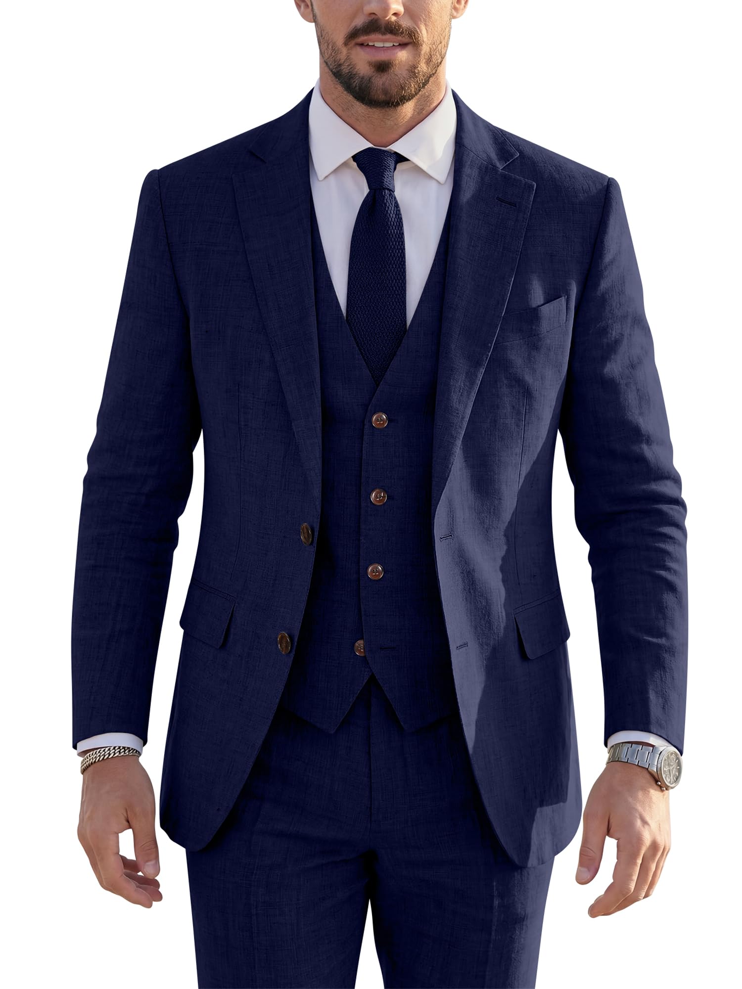Photo 1 of ZKHOECR Mens Linen Suit Slim Fit 3 Piece Tuxedos for Men Navy Blue Business Casual Suit 2 Button Prom Party Beach Wedding Suits 3XL