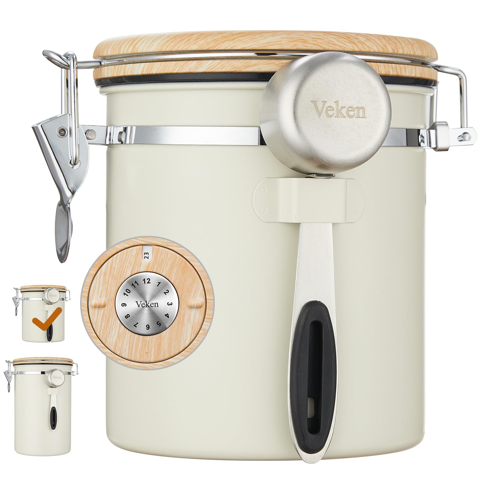 Veken Coffee Canister, Airtight Stainless Steel Kitchen Food Storage Container with Date Tracker and Scoop for Beans, Grounds, Tea, Flour, Cereal, Sugar, Cookie, 16OZ, Cream Image