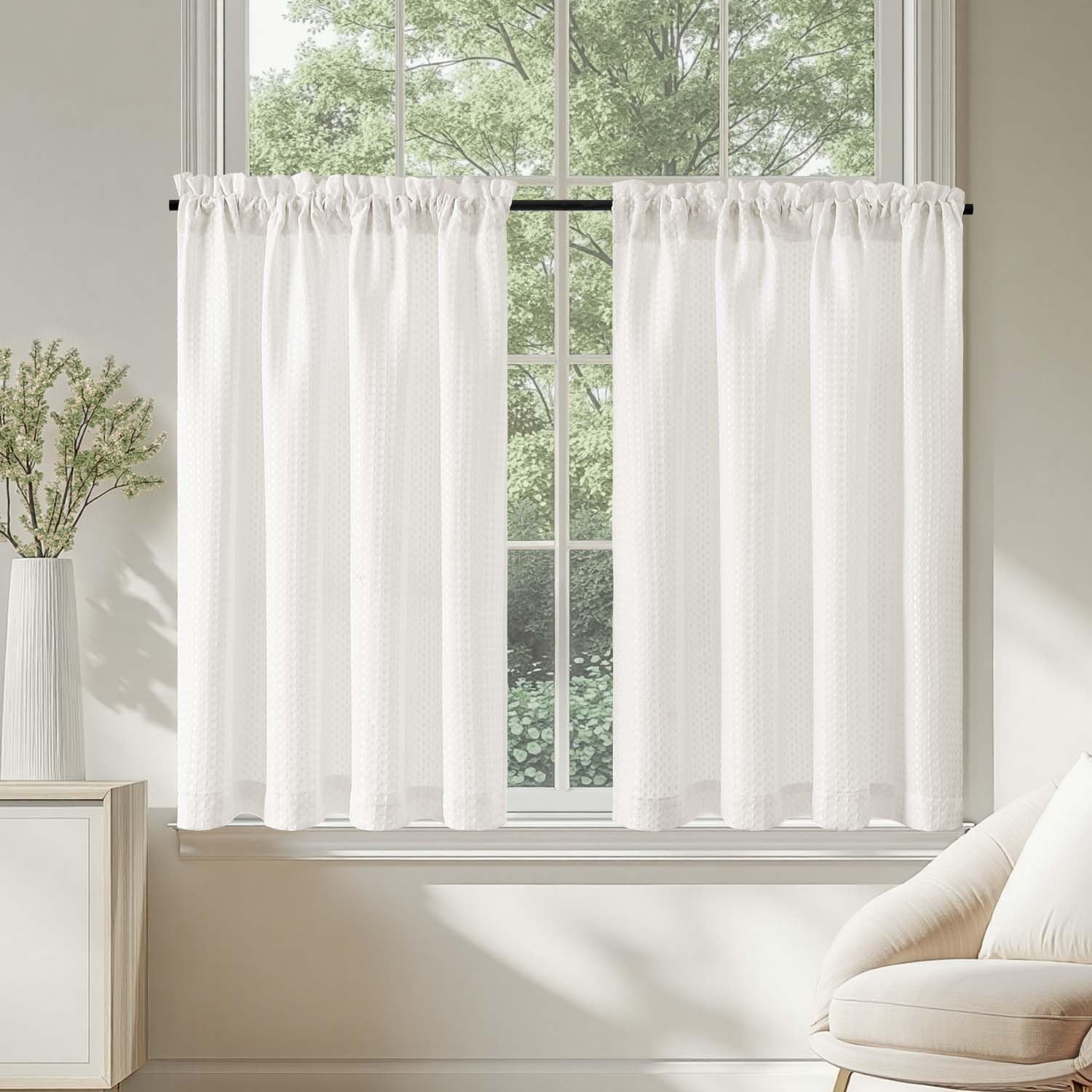 TOPICK White Kitchen Curtains 36 Inch Drop Small Cafe Curtains Waffle Weave Textured Curtain Tiers for Bathroom Sink Laundry Half Window Rod Pocket 2 Panels
