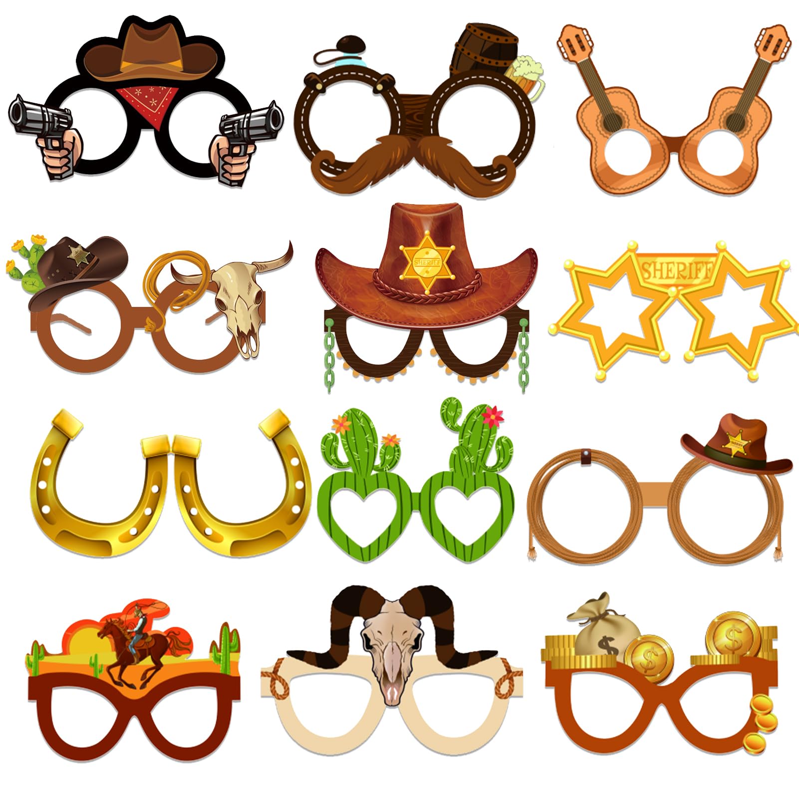 Qpout 24pcs Western Party Decorations,Cowboy Paper Eyeglasses Frame,West Cowboy Photo Booth Props Glasses for Carnival Country Wild West Cowboy Themed Birthday Party Favors Supplies