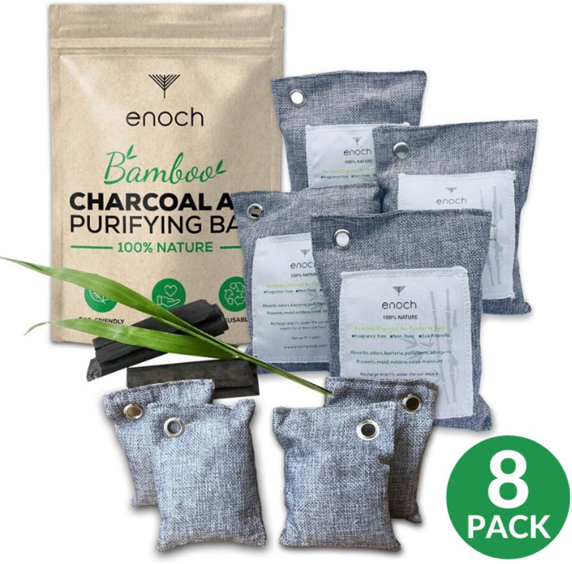 Enoch Air Purifying Charcoal Bamboo Bag (4x200g+4x50g) Activated Odor Eliminator, Natural Air Freshener Remove Odor and Moisture. Air Deodorizer Bags for or Homes, Cars, Shoes, Fridges, and Closets