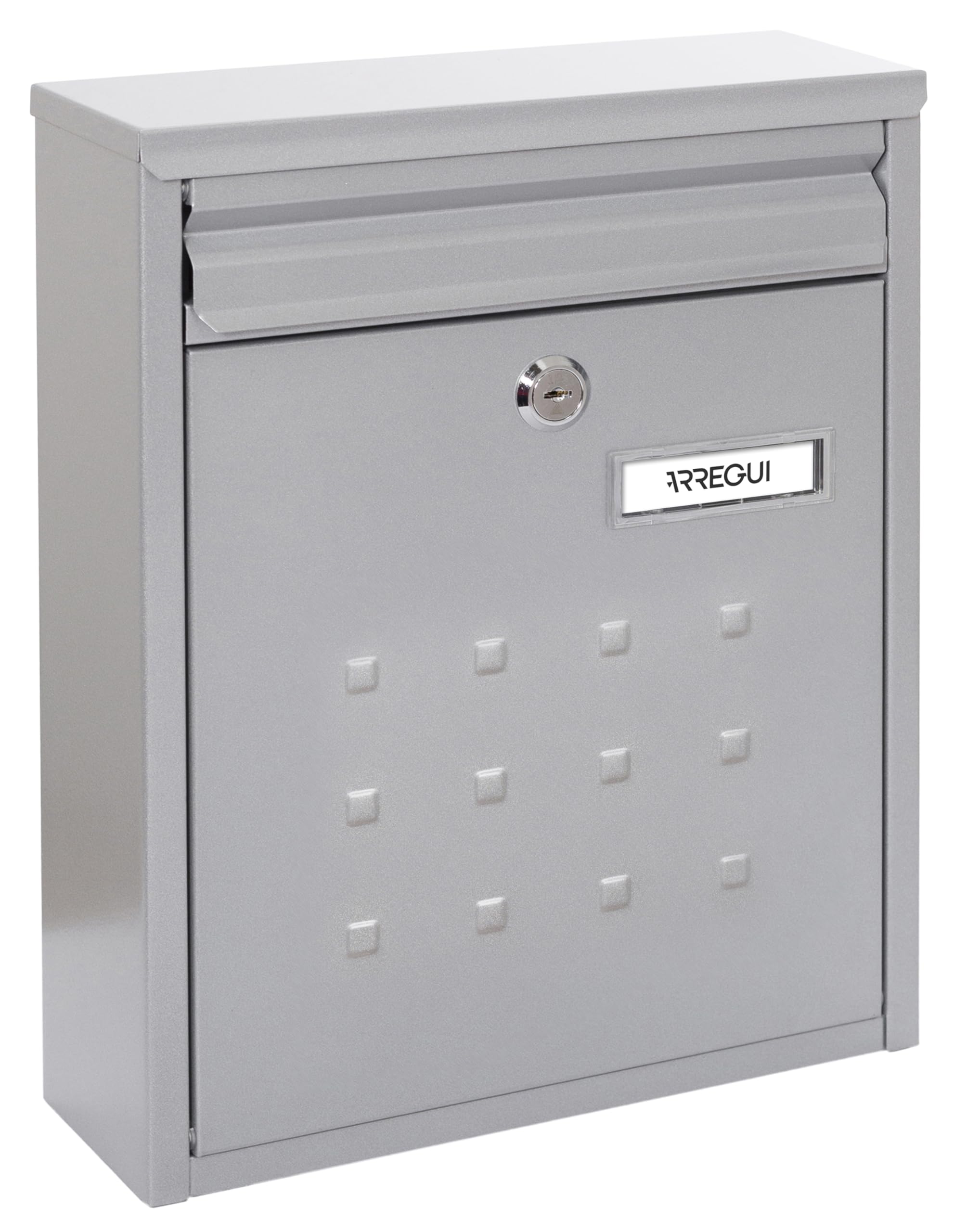ARREGUI Dime V1322 Galvanised Steel Letter Box, Size M (DIN A4 Post), Groupable Wall-Mounted Post Box for Outdoor Use, Weather-Resistant, Narrow, with Name Plate and Flap, Silver